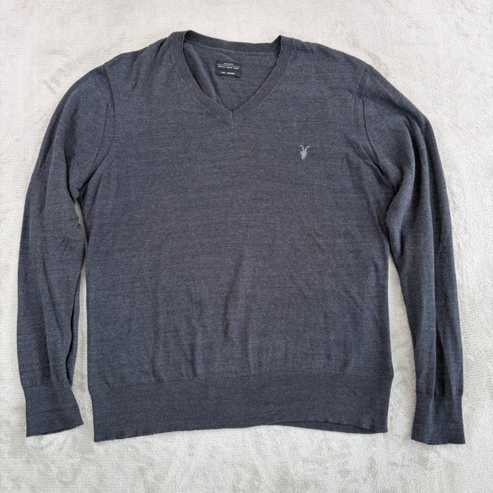 Allsaints Fritz V Neck Sweater in Grey Men Medium‎ Ram Embroidered Logo Designer